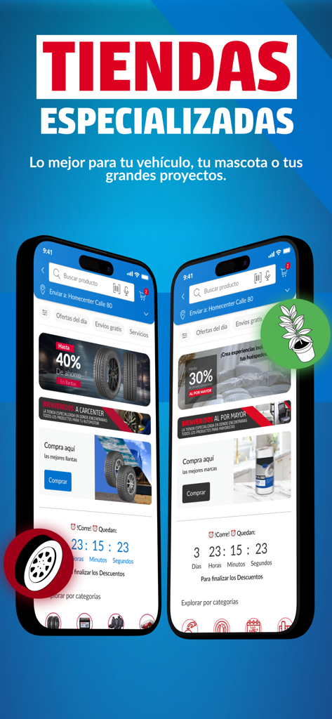 Two smartphones displaying the Homecenter app with specialized store sections for automotive tires and wholesale products with limited-time discounts.