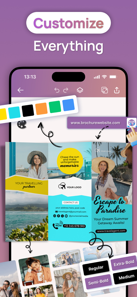Brochure Maker : Catalog Maker - Smartphone screen showing the Brochure Maker app interface with various editing tools to customize a tri-fold travel pamphlet.