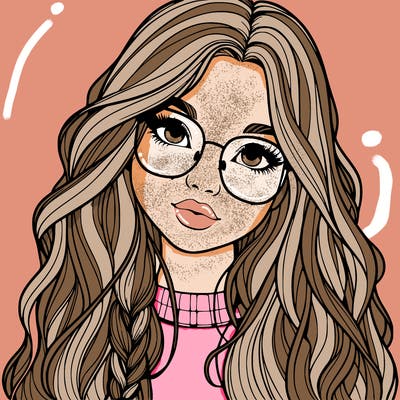girl with long hair and freckles and glasses realistic