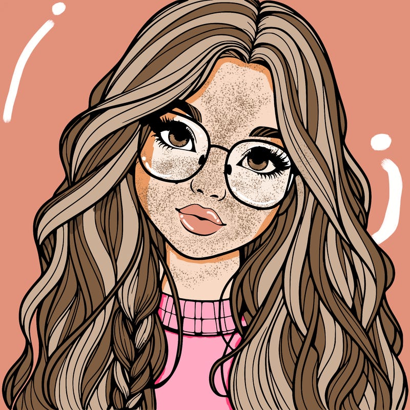 girl with long hair and freckles and glasses realistic