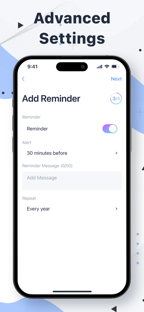 Event Countdown – Day Counter - Pantalla de configuración avanzada para añadir un recordatorio con opciones de alerta y repetición en la app Event Countdown