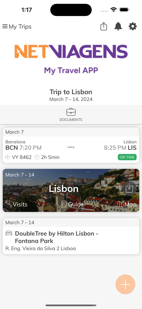 NetViagens - NetViagens mobile app interface displaying a travel itinerary for a trip to Lisbon including flight status and hotel information
