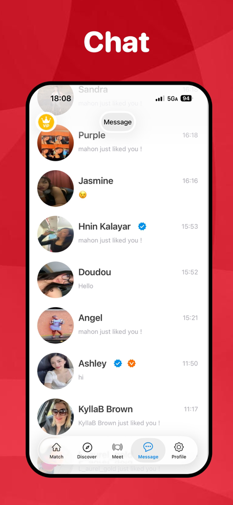 Cougar Dating - match meet app - Chat-Oberfläche der Cougar Dating App, die eine Liste von Nachrichten und Match-Benachrichtigungen von verschiedenen Benutzern anzeigt.