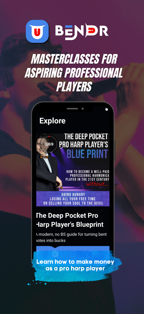 Brynland - Brynland App-Bildschirm, der die Bendr Masterclass für professionelle Mundharmonika-Spieler zeigt