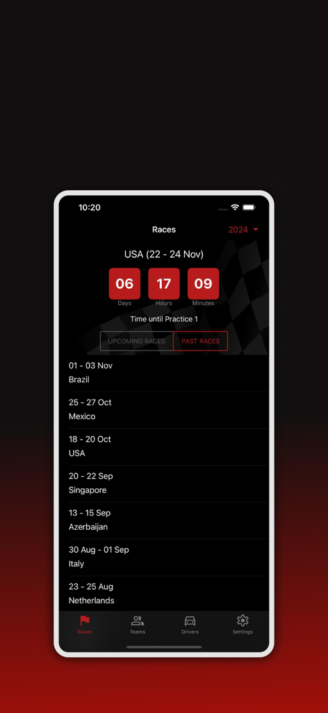 Oberfläche der Formula Calendar 2026 App, die einen Renn-Countdown und vergangene Grand-Prix-Daten anzeigt.