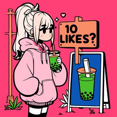 girl with oversized hoodie drinking boba and she has a high ponytail with a sign that says 10likes?