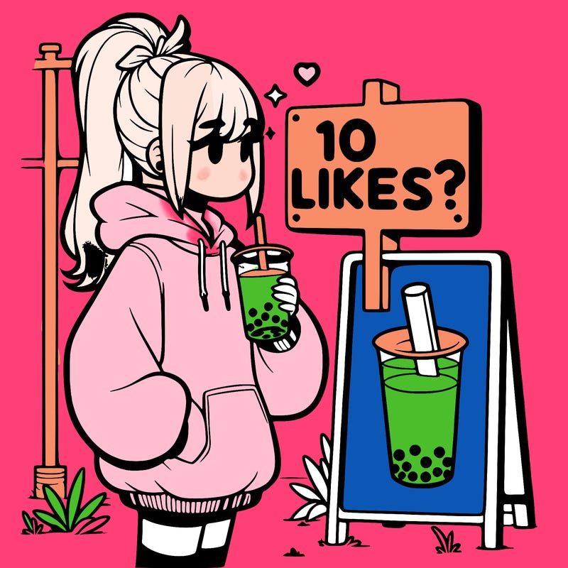 girl with oversized hoodie drinking boba and she has a high ponytail with a sign that says 10likes?