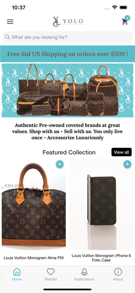 YOLO Luxury Consignment mobile app showing featured pre-owned Louis Vuitton handbags and luxury accessories.