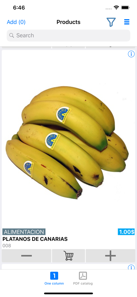 iGes - Sales management - Mobile application interface displaying a product catalog entry for bananas with price and cart buttons.