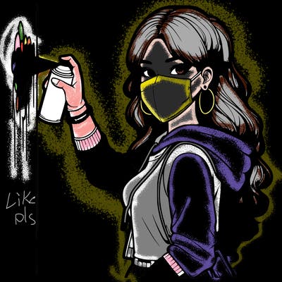 realistic girl with mask spray painting a wall