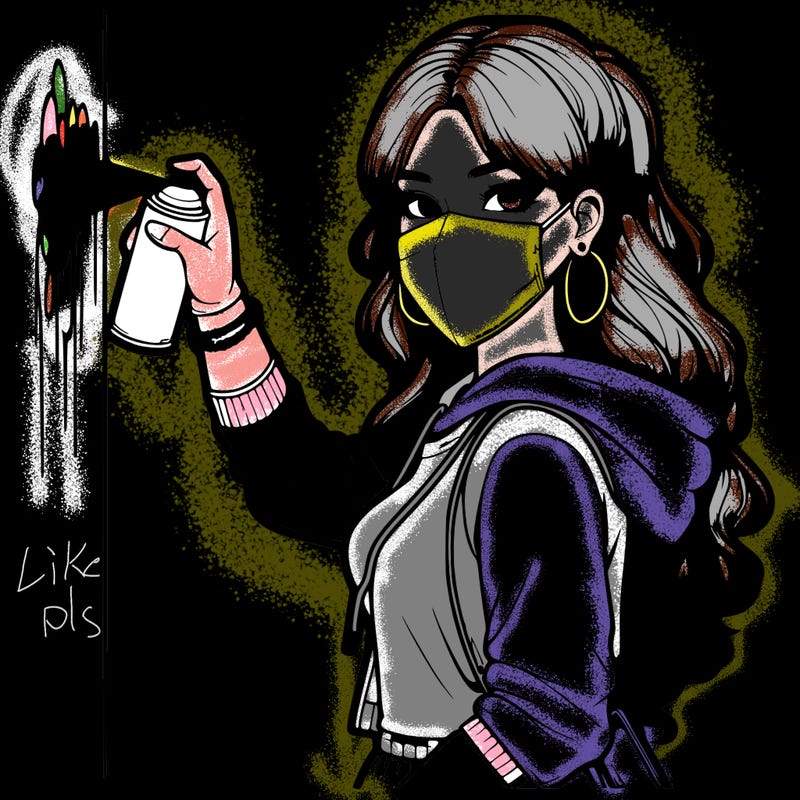 realistic girl with mask spray painting a wall