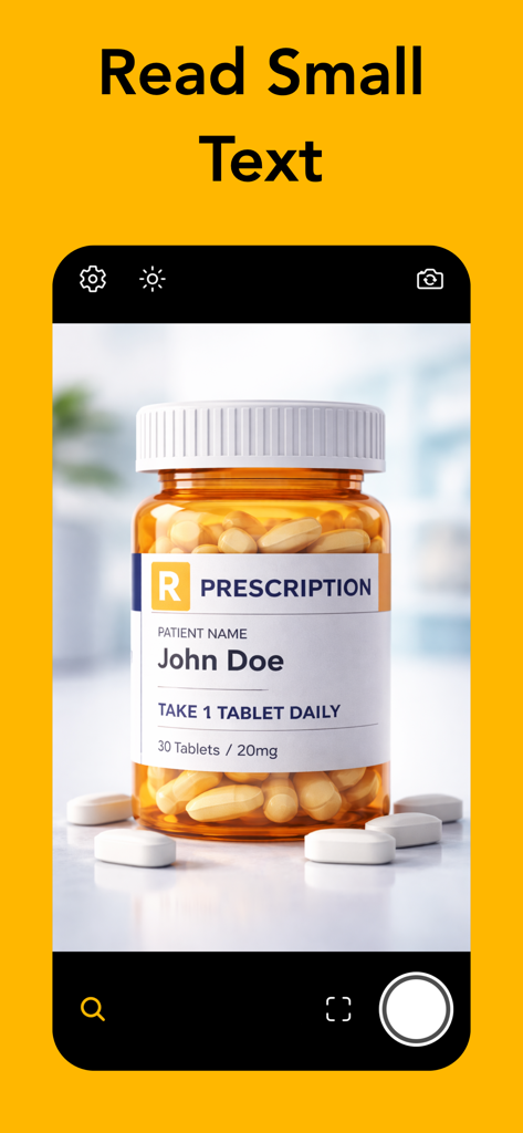 Magnifying Glass Flashlight - Screenshot of the Magnifying Glass Flashlight app zooming in on a prescription medicine bottle to read small text