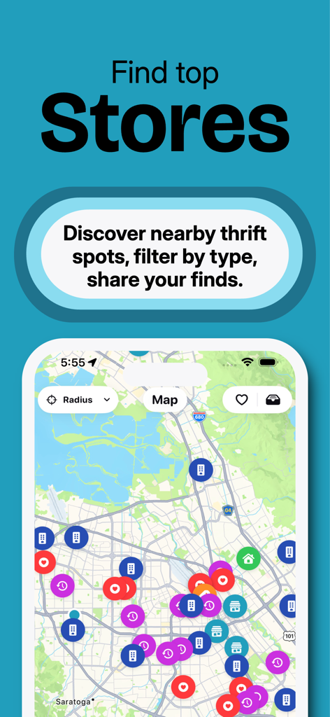 A map interface showing nearby thrift and vintage store locations with colorful icons