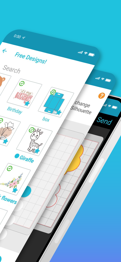 Silhouette Go - Silhouette Go mobile app interface showing a library of free craft designs and a project preview on a cutting mat