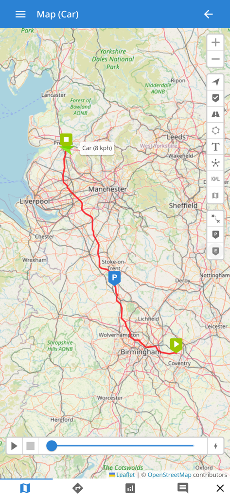 Vista de mapa en la aplicación GPS Server Mobile que muestra la ruta histórica de un vehículo con controles de reproducción.