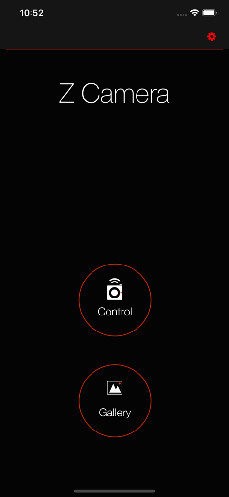 Z Camera App - Main interface of the Z Camera app showing buttons for remote camera control and media gallery