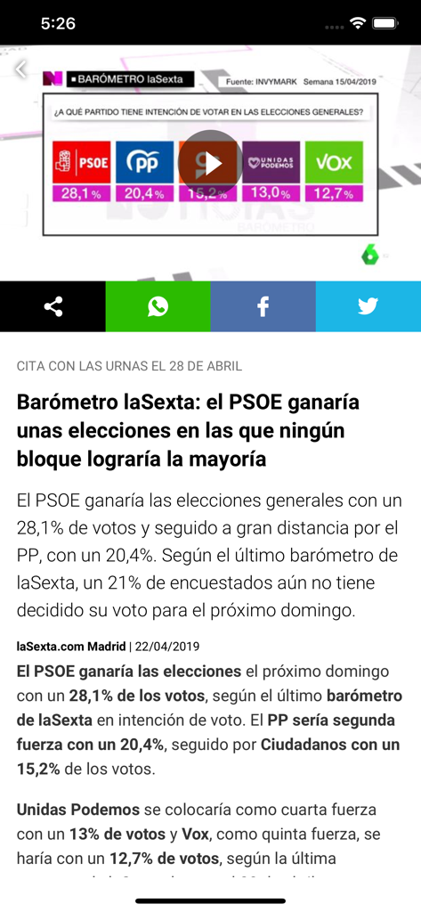 News article in the laSexta app displaying political poll results and Spanish election analysis