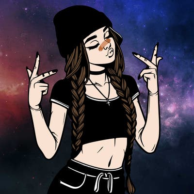 realistic teenage girl with braids and a beanie and crop top doing 🫶🏼