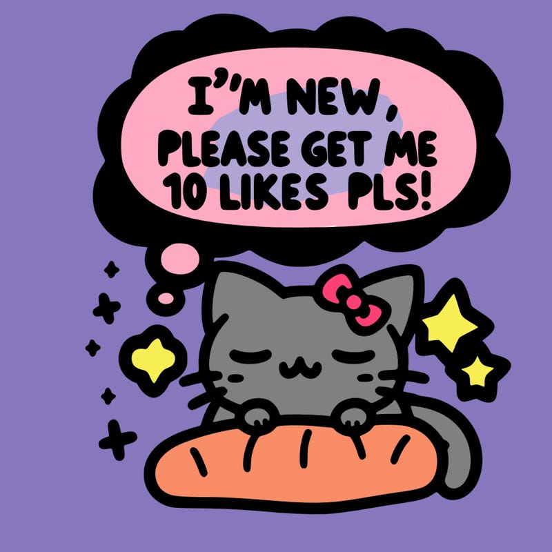 kitty taking a nap dream talking and saying "i'm new, please get me at least 10 likes pls!!"