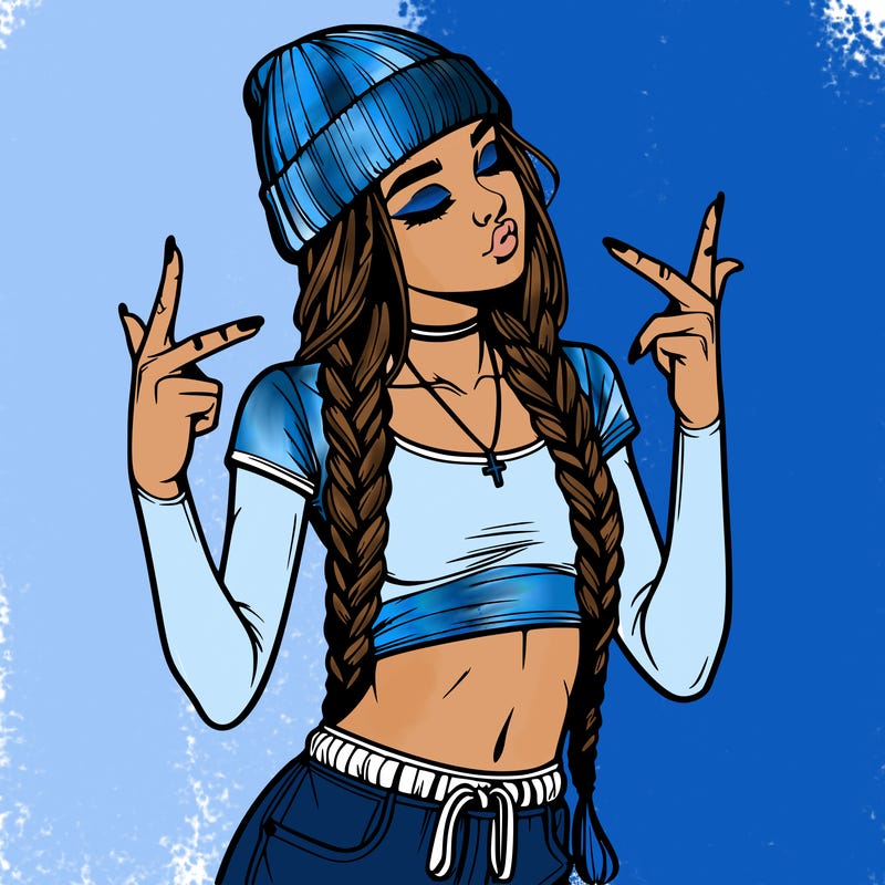 realistic teenage girl with braids and a beanie and crop top doing 🫶🏼