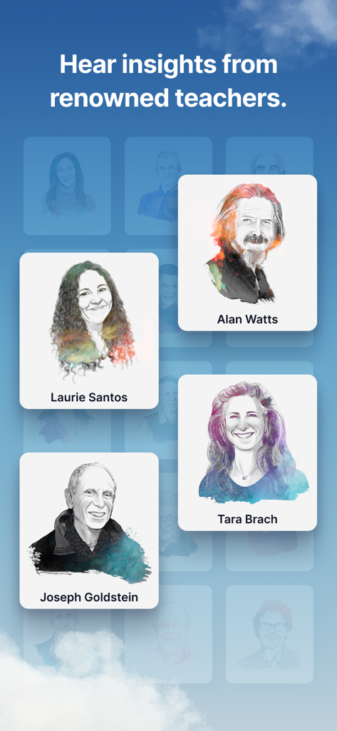 Waking Up: Meditation & Wisdom - Four cards featuring portraits of renowned teachers like Alan Watts and Tara Brach in the Waking Up app