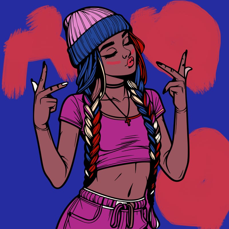realistic teenage girl with braids and a beanie and crop top doing 🫶🏼