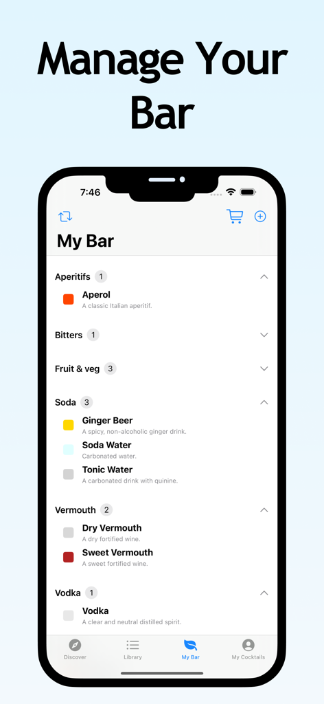 Interface of the Cocktail Recipes - Bart app showing the My Bar section where users manage their available spirits and mixers.
