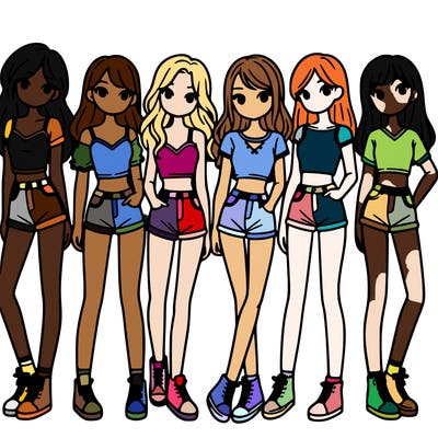 a group of girls wearing crop tops and shorts