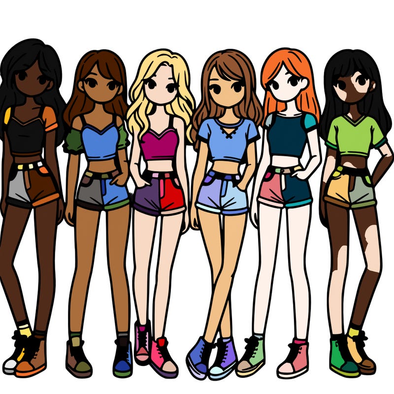 a group of girls wearing crop tops and shorts