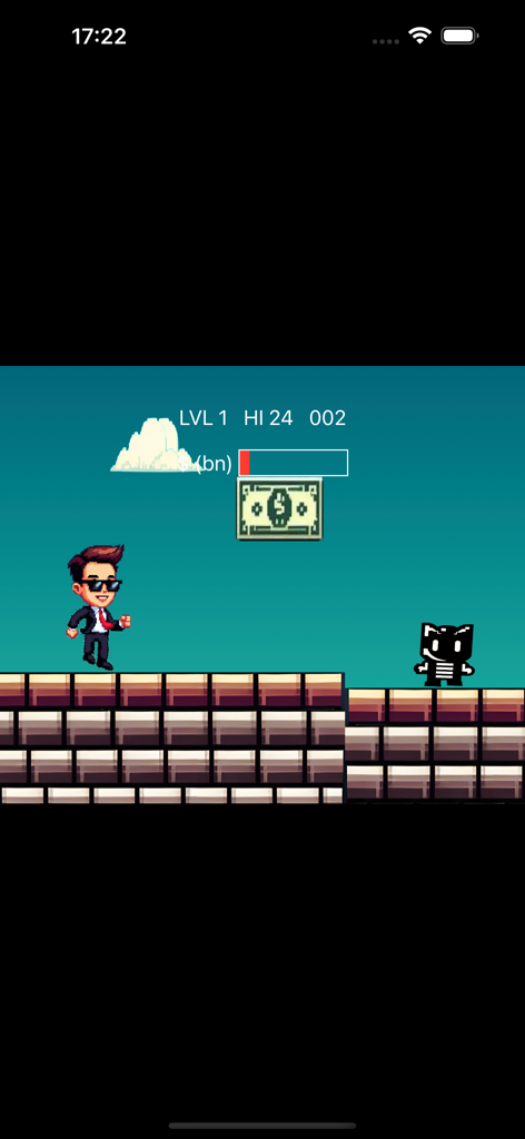 Tech Billionaire Jump - Gameplay retro pixelado de un personaje billonario saltando sobre obstáculos en un juego móvil