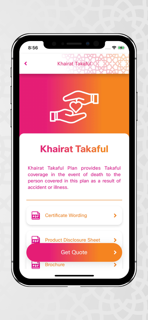 Insurans Islam TAIB App zeigt Details zum Khairat Takaful-Plan und eine Schaltfläche zum Anfordern eines Angebots