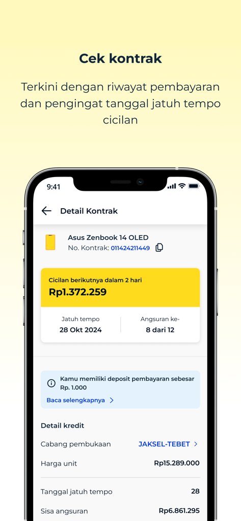 Adiraku app interface displaying credit contract details and installment payment reminders for an electronic device.