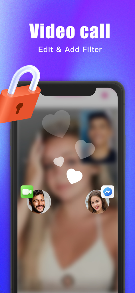 Tela de smartphone mostrando uma videochamada segura com um ícone de cadeado de privacidade e filtros de coração