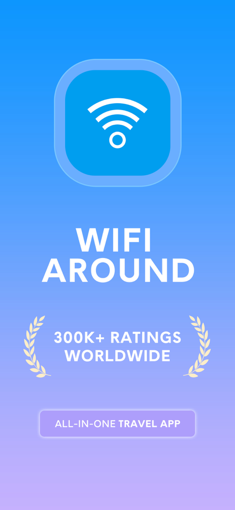 WiFi Around - Nearby Hotspots - WiFi Around app introduction screen with 300k plus ratings and travel app label