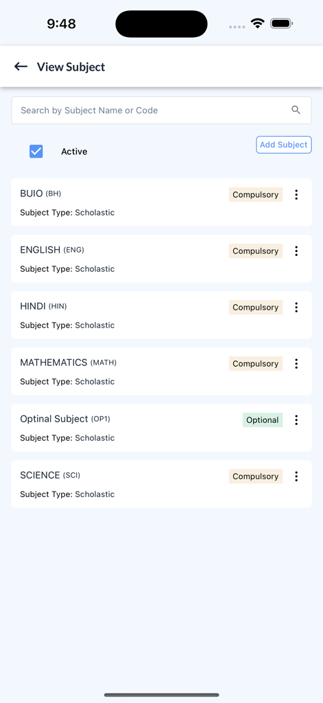 Proctur-Class Management App - Mobile interface of Proctur app displaying a list of compulsory and optional subjects for educational management