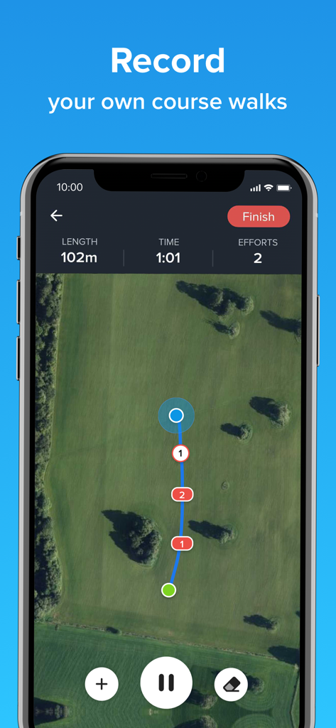 CrossCountry 2 - Interface of CrossCountry 2 app showing a GPS course walk recording on an aerial map with markers