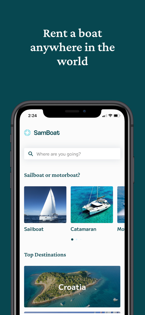 Samboat - Boat rental & Yacht - Home screen of the Samboat app featuring boat categories like sailboat and catamaran with a search bar and top destinations.