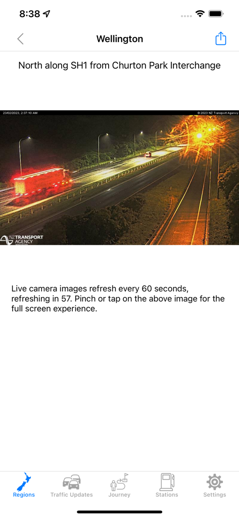 Live traffic camera view of State Highway 1 in Wellington at night