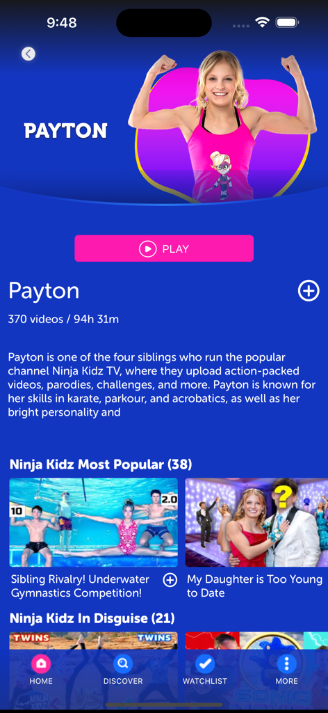 Interfaz de la aplicación HappyKids que muestra a Payton de Ninja Kidz TV con contenido de video popular y opciones de navegación