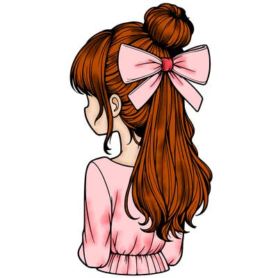 realistic girl  with hip length hair a bun and a big bow on the back of head