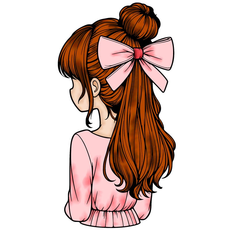 realistic girl  with hip length hair a bun and a big bow on the back of head