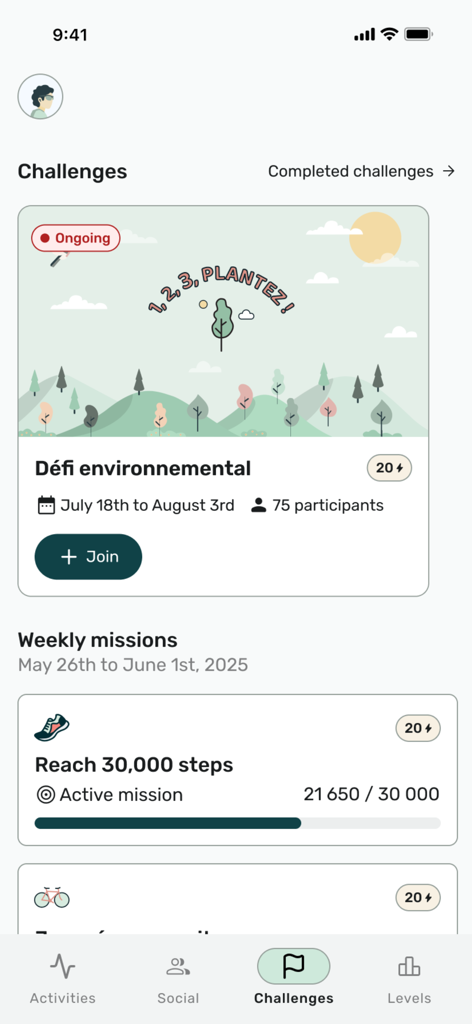 Propulsion - Propulsion app interface displaying an ongoing environmental challenge and a weekly mission to reach 30,000 steps with a progress bar