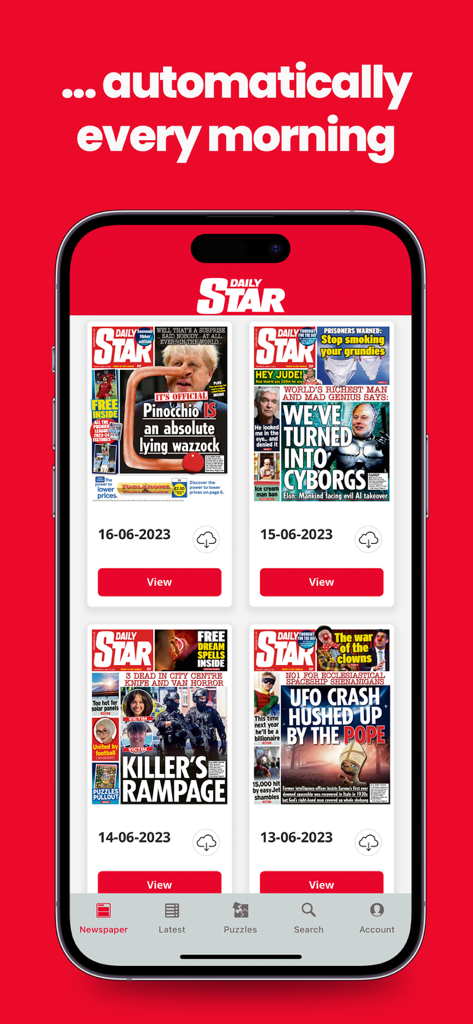 デジタル読書が可能なDaily Star新聞の最近の一面をグリッド表示しているモバイルアプリのインターフェース