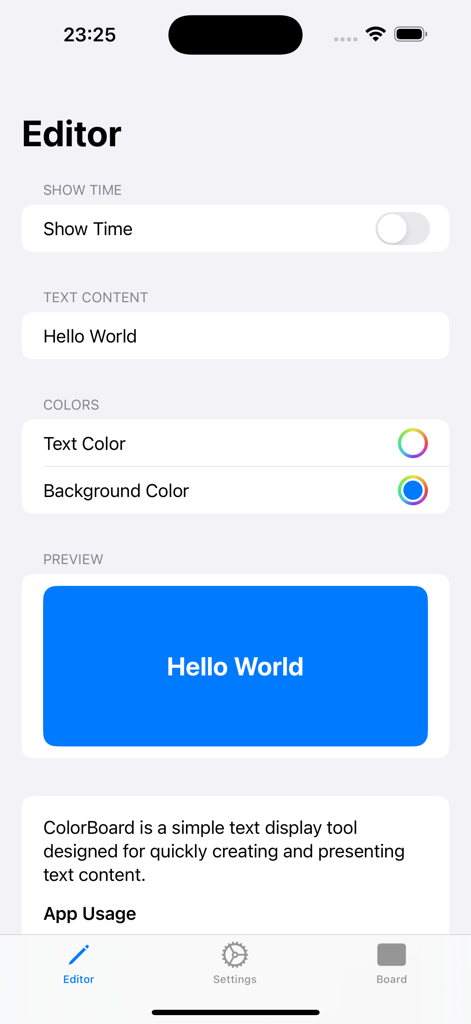 Interfaz de la aplicación Color Board mostrando la pantalla del editor con contenido de texto y herramientas de selección de color