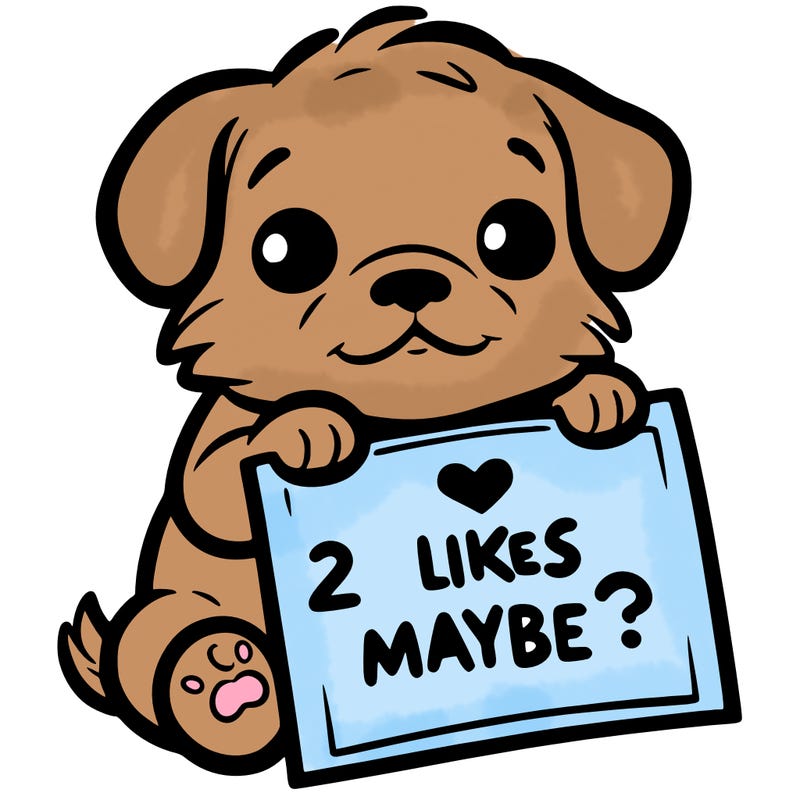 a puppy holding a sign that says 2 likes maybe?