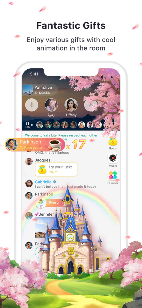A screenshot of Yalla Lite showing a large animated castle gift in a group voice chat room.