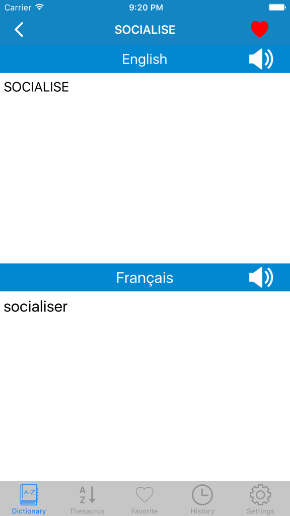 French To English & English to French Dictionary - Interface of the French English Dictionary app showing the translation of the English word socialise to the French word socialiser
