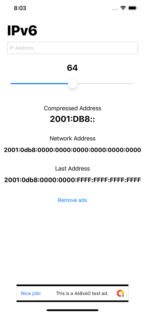 The IPv6 calculation interface of the IP Subnet Calc app showing compressed and network addresses with a CIDR slider.