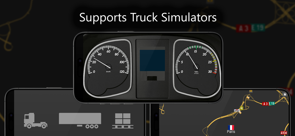 SIM-Dashboard - SIM-Dashboard mobile app showing truck simulator speedometers and navigation map layouts