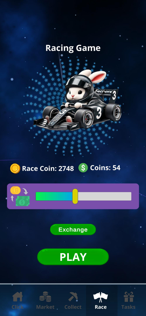 Bunny Clicker - Bunny Clicker racing game interface showing a rabbit in a race car with a play button.